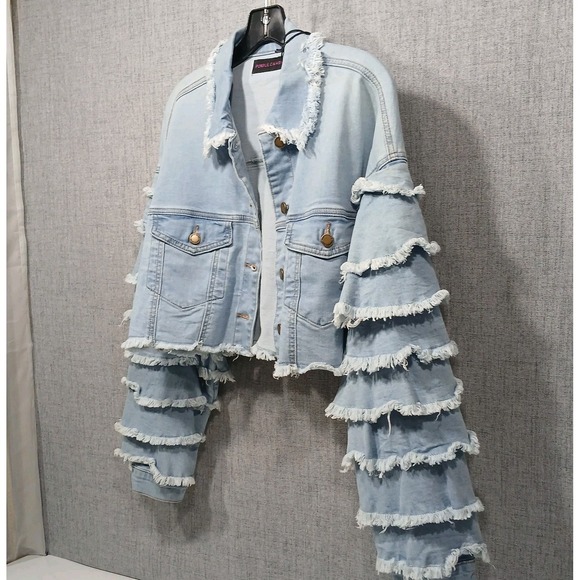 Tiered Ruffle Sleeve Cropped Denim Icy Blue Boho Jean Jacket Wms Large - Picture 3 of 15